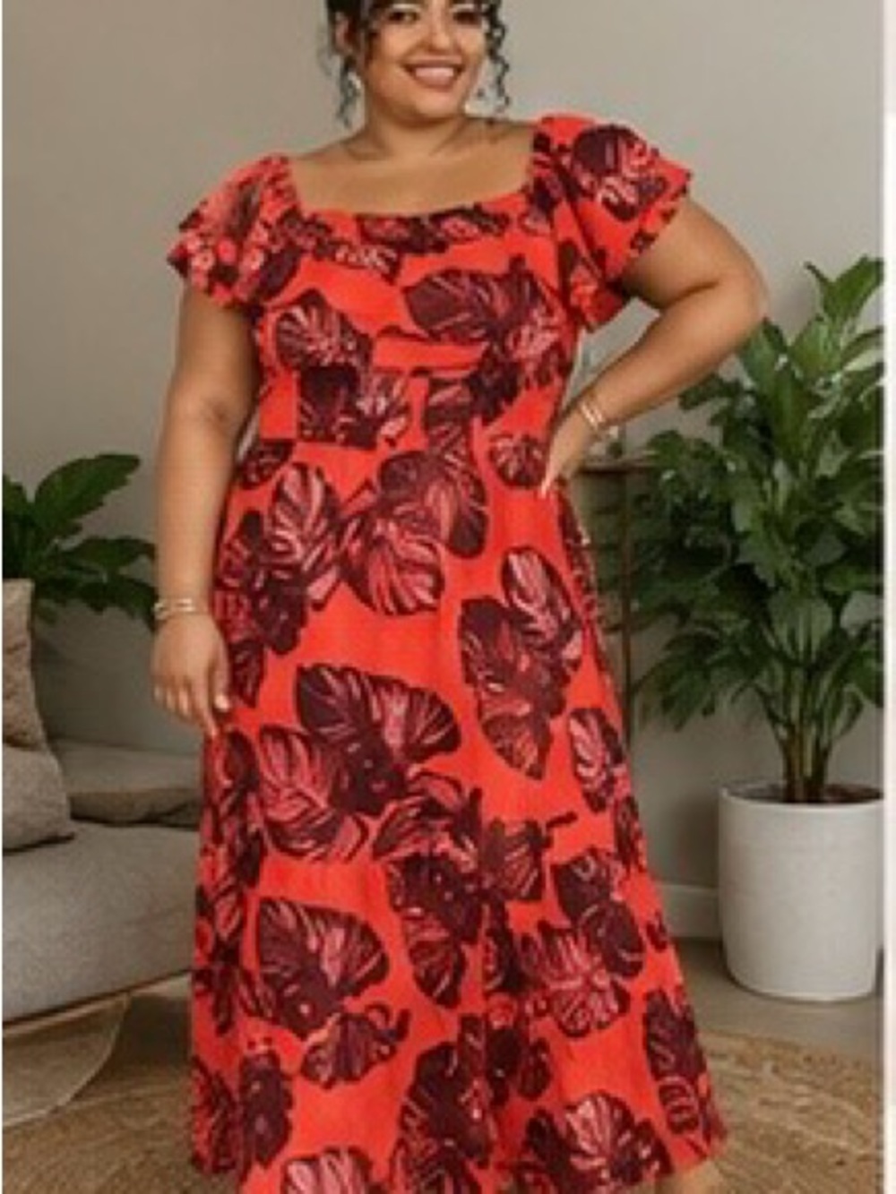 sofia by sofia vergara Red Tropical Leaf Maxi Dress